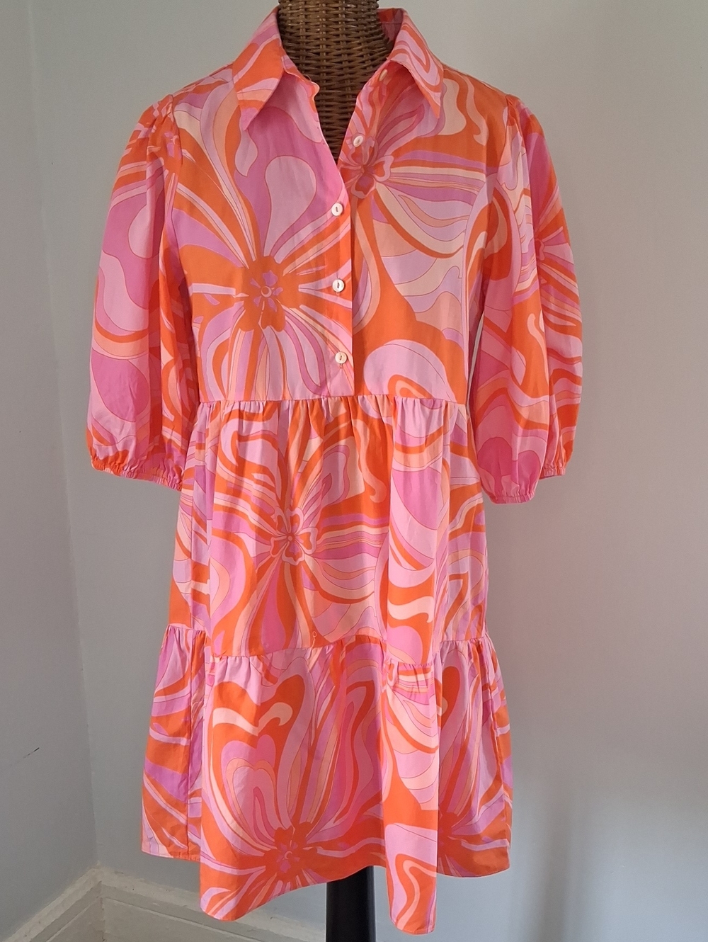 Pants Store Women’s Pink & Orange Floral Tiered Button-Front Dress